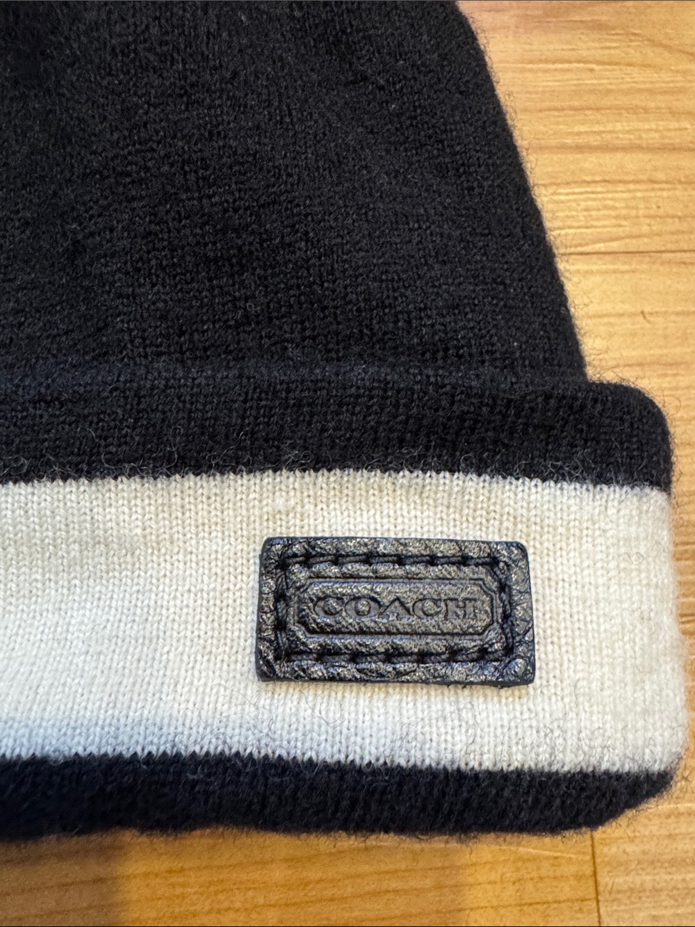 Men's Coach Black Beanie with Cream Cuff Stripe - Picture 2 of 3